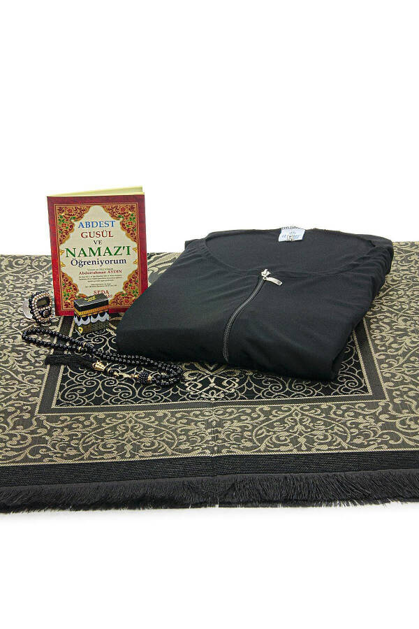 Siyah Kadın Pratik Başörtülü Fermuarlı Tek Parça Namaz Elbisesi Seccade Seti - Siyah - 4