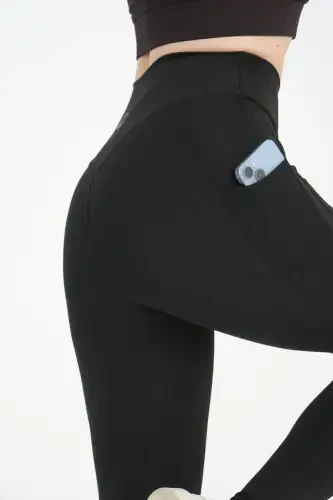 Siyah Kadın Spor Tayt Çift Cepli Sıkılaştırıcı Toparlayıcı Sporcu Taytı Leggings-SİYAH - 1
