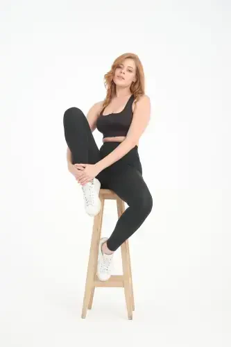 Siyah Kadın Spor Tayt Çift Cepli Sıkılaştırıcı Toparlayıcı Sporcu Taytı Leggings-SİYAH - 3