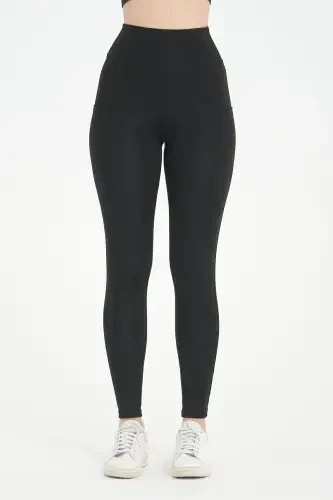 Siyah Kadın Spor Tayt Çift Cepli Sıkılaştırıcı Toparlayıcı Sporcu Taytı Leggings-SİYAH - 5