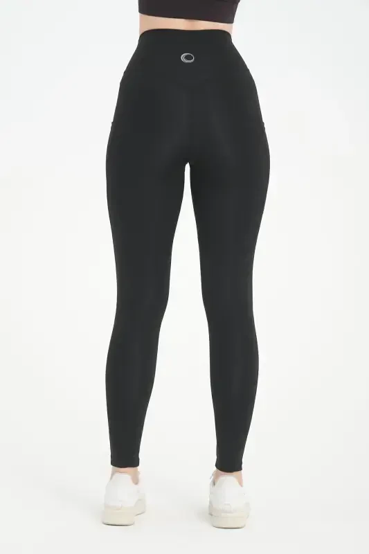 Siyah Kadın Spor Tayt Çift Cepli Sıkılaştırıcı Toparlayıcı Sporcu Taytı Leggings-SİYAH - 6