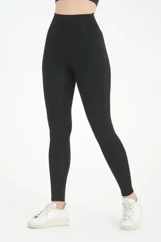 Siyah Kadın Spor Tayt Çift Cepli Sıkılaştırıcı Toparlayıcı Sporcu Taytı Leggings-SİYAH - 7