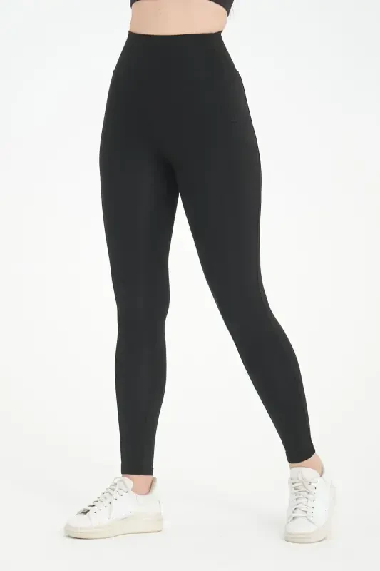 Siyah Kadın Spor Tayt Çift Cepli Sıkılaştırıcı Toparlayıcı Sporcu Taytı Leggings-SİYAH - 7