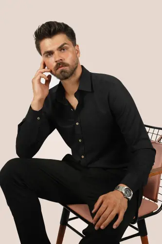Siyah Kahve Düğmeli Baklava Desen Slimfit Erkek Gömlek - Siyah - 2