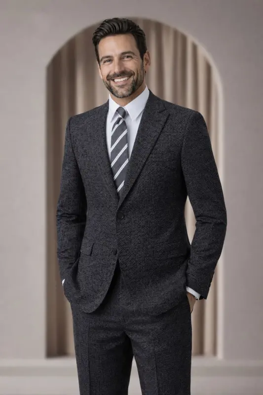 Siyah Karyağdı Kumaş Italyan Stil Slim Fit Klasik Erkek Blazer Ceket - Antrasit - 2