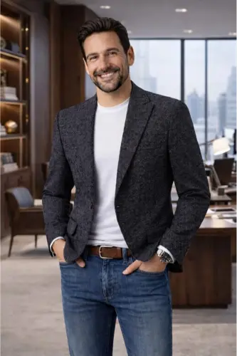 Siyah Karyağdı Kumaş Italyan Stil Slim Fit Klasik Erkek Blazer Ceket - Antrasit - 3
