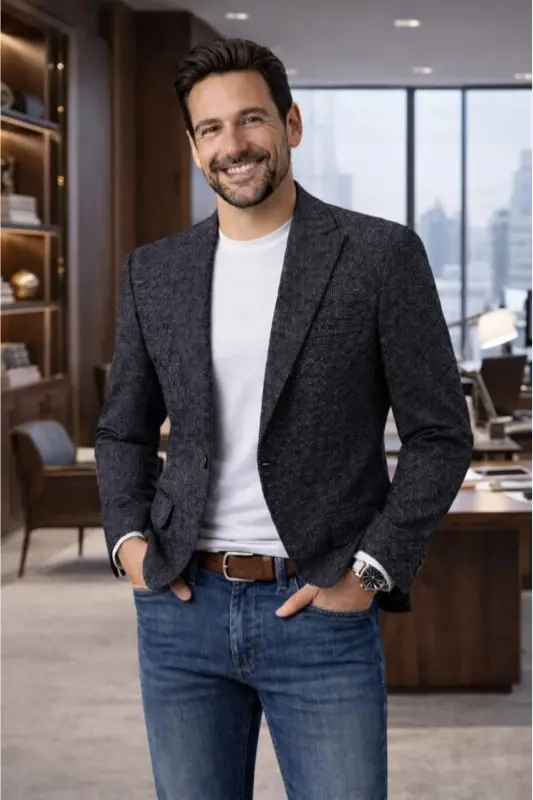 Siyah Karyağdı Kumaş Italyan Stil Slim Fit Klasik Erkek Blazer Ceket - Antrasit - 3