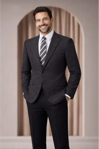 Siyah Karyağdı Kumaş Italyan Stil Slim Fit Klasik Erkek Blazer Ceket - Antrasit - 4