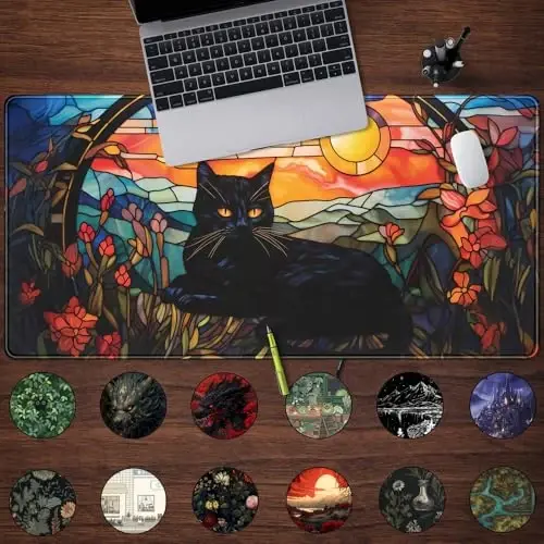 Black Cat Desk Mat Vintage Sunset Desk Mouse Keyboard Pad, XXL Large Mouse Pad Laptop Desk Mousepad with Stitched Edges, Keyboard Pad Mouse Mat for Work Game Office Desk Accessories 31.5x15.7 in - MODAZONE (1)