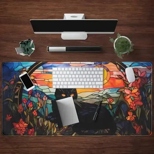 Black Cat Desk Mat Vintage Sunset Desk Mouse Keyboard Pad, XXL Large Mouse Pad Laptop Desk Mousepad with Stitched Edges, Keyboard Pad Mouse Mat for Work Game Office Desk Accessories 31.5x15.7 in - 4