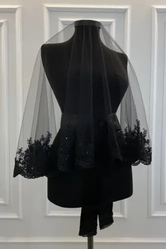 Siyah Kına Duvağı Seti, Narin Desen Işıl Işıl Güpürlü Siyah Gelin Duvak Seti - Siyah - ZEYMERADE (1)