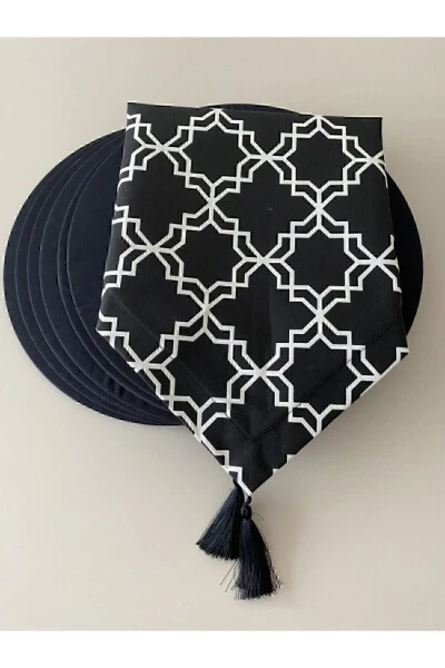 Siyah Klasik Desenli Runner Ve 6'lı Supla Seti Tasarim Takim Amerikan&servis - Modazone