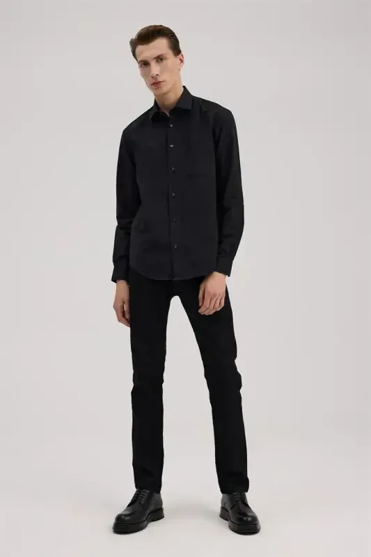 Siyah Klasik Fit İtalyan Yaka Uzun Kol Klasik Kravatlık Kolay Ütülenebilir Pamuklu Gömlek - 1