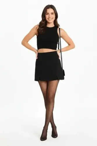 Siyah Krep Kumaş Şortlu Etek Mini Boy Yırtmaç Detaylı Yüksek Bel Günlük Şık Tasarım - Siyah - 2
