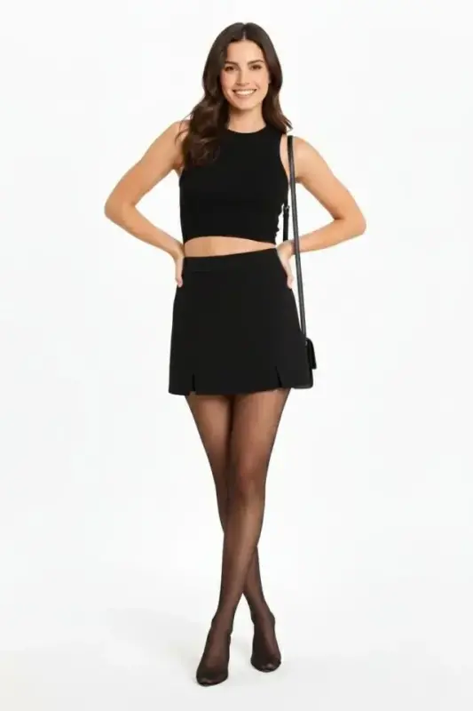 Siyah Krep Kumaş Şortlu Etek Mini Boy Yırtmaç Detaylı Yüksek Bel Günlük Şık Tasarım - Siyah - 2