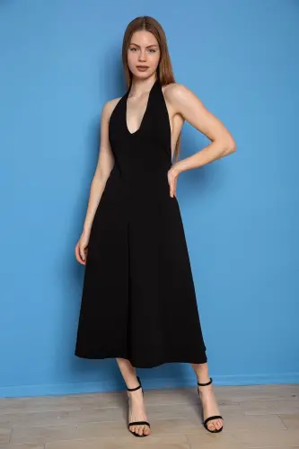 Siyah Krep Kumaş Yırtmaç Detaylı Abiye Elbise-S - 1