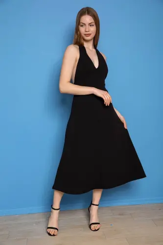 Siyah Krep Kumaş Yırtmaç Detaylı Abiye Elbise-S - 2