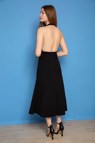 Siyah Krep Kumaş Yırtmaç Detaylı Abiye Elbise-S - 3