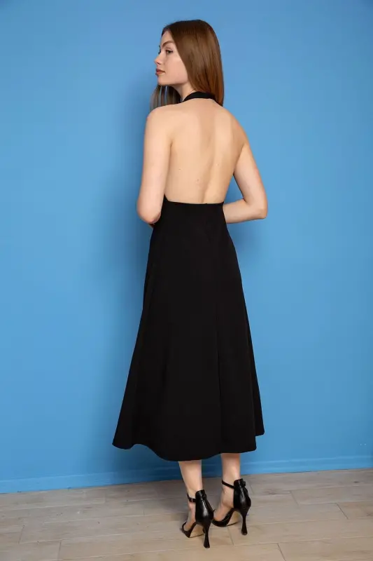 Siyah Krep Kumaş Yırtmaç Detaylı Abiye Elbise-S - 3