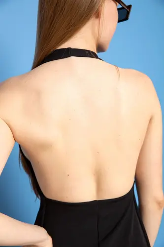 Siyah Krep Kumaş Yırtmaç Detaylı Abiye Elbise-S - 5