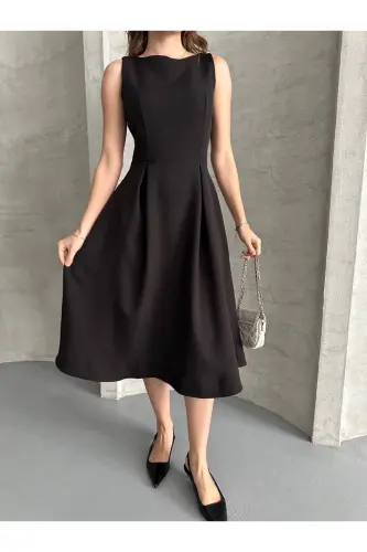 Siyah Krep Kumaş Yırtmaç Detaylı Abiye Elbise-Sİ - 3