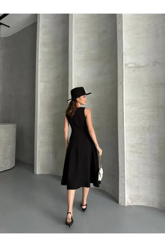 Siyah Krep Kumaş Yırtmaç Detaylı Abiye Elbise-Sİ - 4