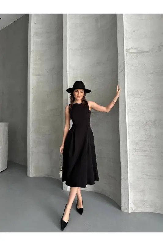 Siyah Krep Kumaş Yırtmaç Detaylı Abiye Elbise-Sİ - 2