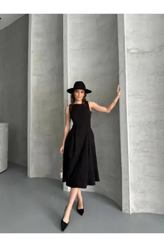 Siyah Krep Kumaş Yırtmaç Detaylı Abiye Elbise-Sİ - LACASE (1)