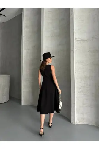Siyah Krep Kumaş Yırtmaç Detaylı Abiye Elbise-Sİ - 4