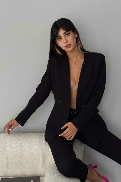 Siyah Kruvaze Blazer Ceket Havuç Pantolon Takım Elbise-Siyah - 3