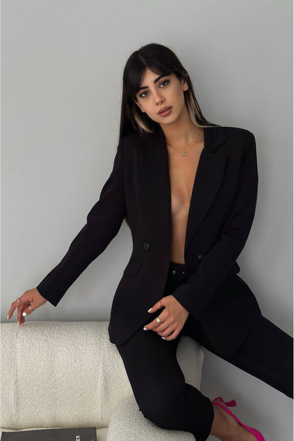 Siyah Kruvaze Blazer Ceket Havuç Pantolon Takım Elbise-Siyah - 3