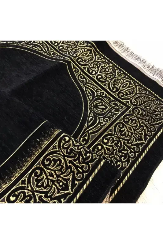 Siyah Lüx Kadife Namaz Seccadesi, Gold Detaylı Kadın / Erkek Seccade - ENSAR