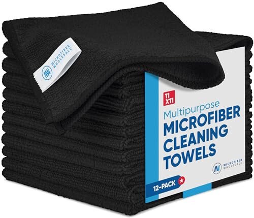 Microfiber Wholesale Black Microfiber Cleaning Cloth - 12 Pack | Better Quality All Purpose Towels Great for Messes in The Home | Clean, Dust, Polish | Soft, Absorbent, Durable | Wash 100s of Times - Microfiber Wholesale