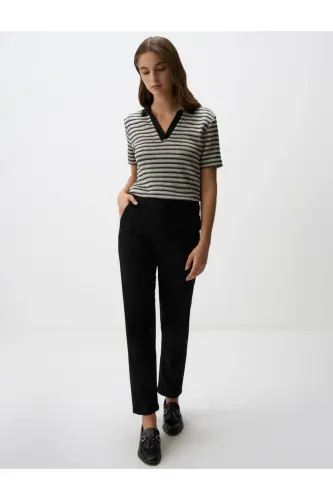 Siyah Normal Paça Cepli Gabardin Pantolon - Siyah 