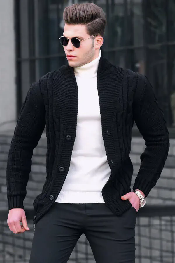 Siyah Örgülü Hırka 9053-Siyah - 2