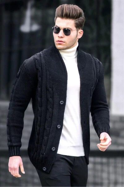 Siyah Örgülü Hırka 9053-Siyah - 3