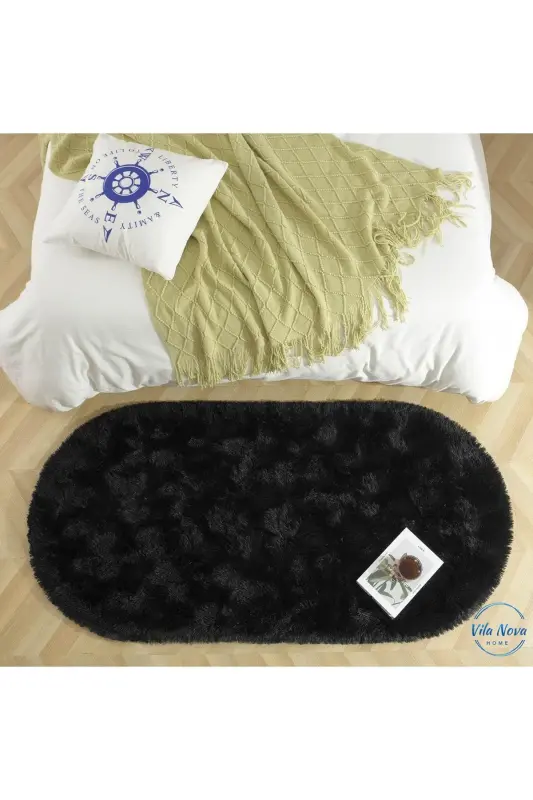 Siyah Oval Post Halı Peluş Yumuşak Kaymaz Dot Taban Antibakteriyel - Siyah - 5