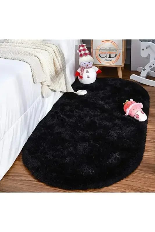 Siyah Oval Post Peluş Yumuşak Yıkanabilir Kaymaz Dot Taban Antibakteriyel Salon Koridor Çocuk Halı-Siyah - 7