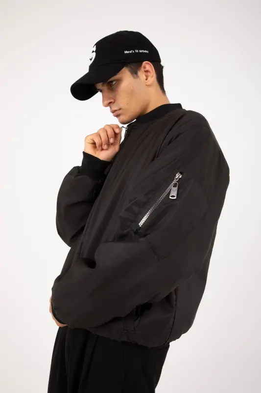 Siyah Oversize Bomber Kolej Ceket-Siyah - 3