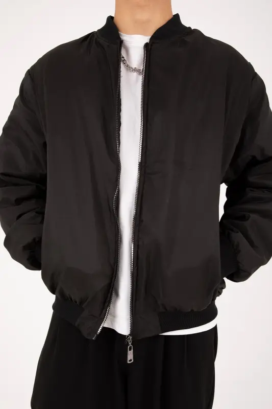 Siyah Oversize Bomber Kolej Ceket-Siyah - 5