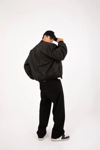 Siyah Oversize Bomber Kolej Ceket-Siyah - 6