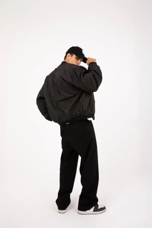 Siyah Oversize Bomber Kolej Ceket-Siyah - 6