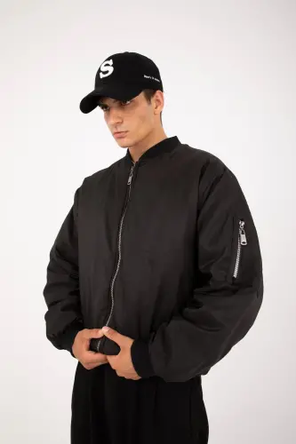 Siyah Oversize Bomber Kolej Ceket-Siyah - 8
