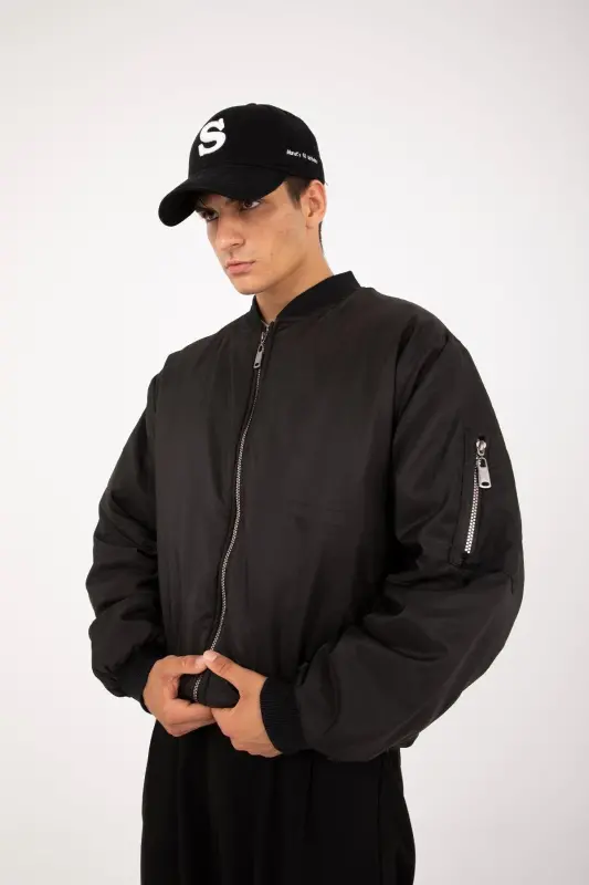 Siyah Oversize Bomber Kolej Ceket-Siyah - 8