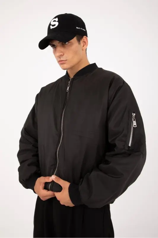 Siyah Oversize Bomber Kolej Ceket-Siyah - 1
