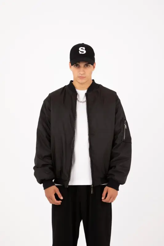 Siyah Oversize Bomber Kolej Ceket-Siyah - 2