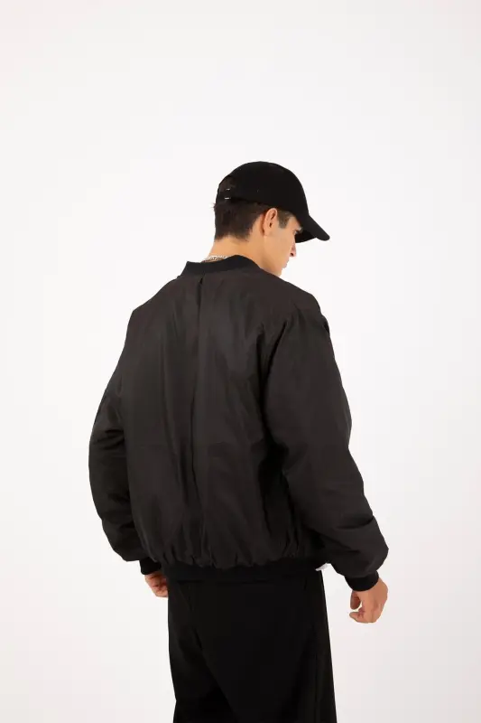 Siyah Oversize Bomber Kolej Ceket-Siyah - 4