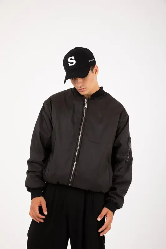 Siyah Oversize Bomber Kolej Ceket-Siyah - 7