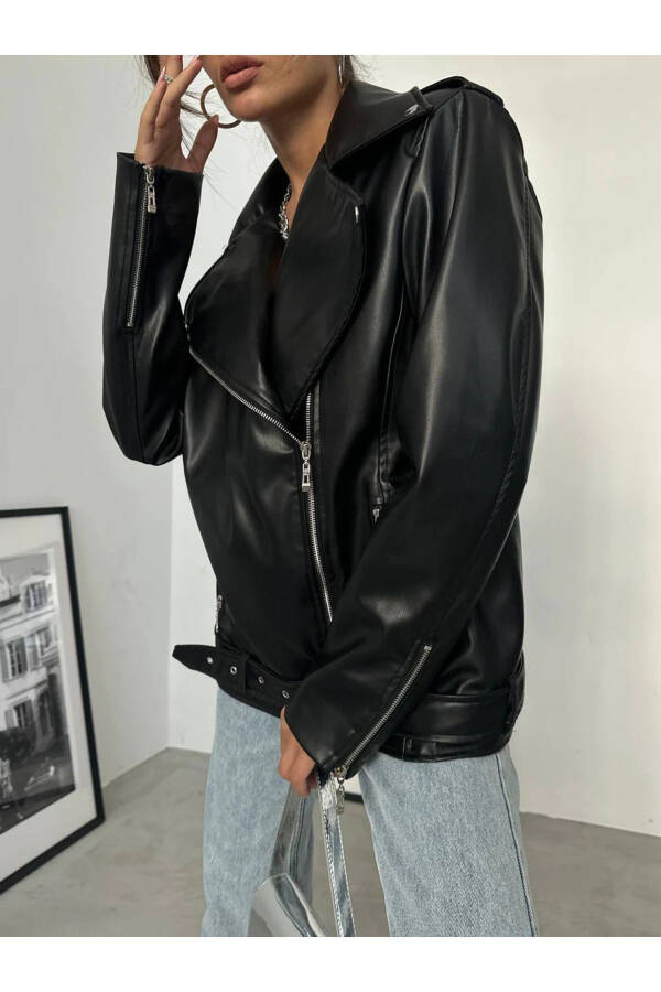 Siyah Oversize Deri Ceket - SİYAH - 3