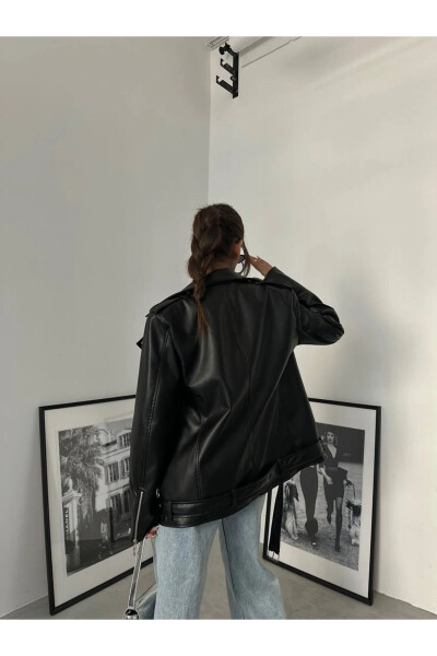 Siyah Oversize Deri Ceket - SİYAH - 5